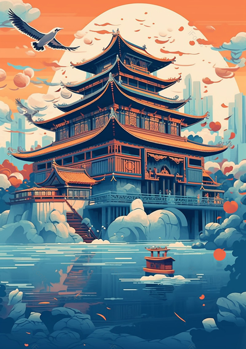 国潮风古代风格建筑插画背景,插画/手绘图,插画/手绘图库,插画/手绘图下载,插画/手绘